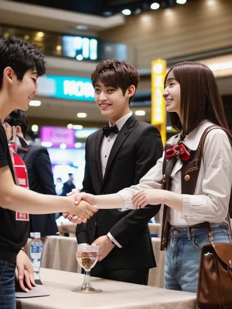 cinematic photo, HSEvent, convention hall, multiple people, handshake, 2people, greeting fans, table, boy behind table, 1girl and 1boy, <lyco:Event - HSEvent:0.8>, mall, kpop, korean, korean boy band, 35mm photograph, film, bokeh, professional, 4k, highly detailed, <lora:Detail - add_detail:0.2>, POV