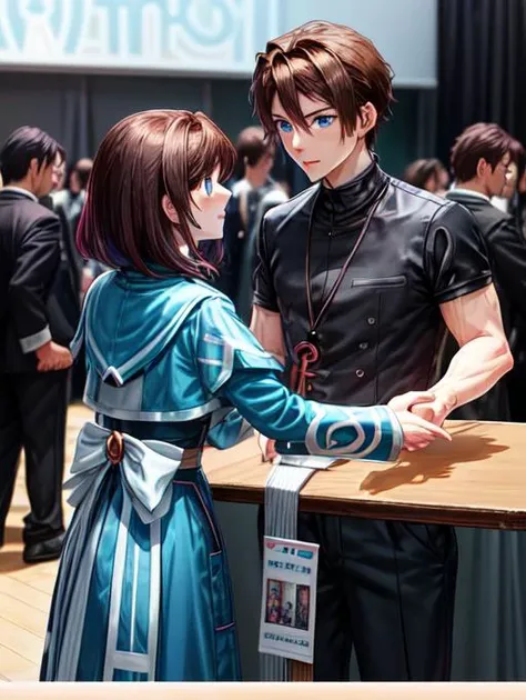 anime artwork, HSEvent, convention hall, multiple people, handshake, 2people, greeting fans, table, boy behind table, 1girl and 1boy, anime style, key visual, vibrant, studio anime, highly detailed, <lora:Detail - add_detail:0.2>, <lyco:Event - HSEvent:0.8>, JaceMind, brown hair, blue eyes, glowing eyes, <lora:Character - JaceM:0.7>, male focus,