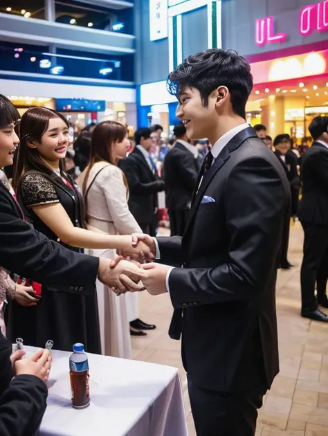 cinematic photo, HSEvent, convention hall, multiple people, handshake, 2people, greeting fans, table, boy behind table, 1girl and 1boy, <lyco:Event - HSEvent:0.8>, mall, kpop, korean, korean boy band, 35mm photograph, film, bokeh, professional, 4k, highly detailed, <lora:Detail - add_detail:0.2>