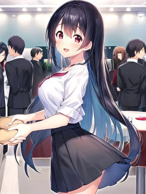 anime artwork, HSEvent, convention hall, multiple people, handshake, 2people, greeting fans, table, girl behind table, 1girl and 1boy, anime style, key visual, vibrant, studio anime, highly detailed, <lora:Detail - add_detail:0.2>, <lyco:Event - HSEvent:0.8>,    <lora:Character - Hoshimi:0.8>, Hoshimi, black hair, red eyes, long hair, white shirt, black skirt, looking at another, happy,