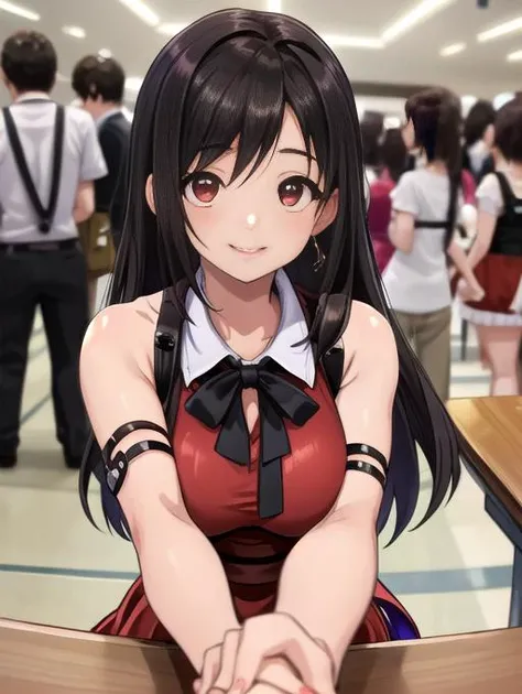best quality, masterpiece, highres, detailed, perfect anatomy,  <lora:Detail - add_detail:0.2>, tifa lockhart, black hair, long hair, red eyes, fancy purple dress, HSEvent, convention hall,  1girl, POV, close-up, happy, handshake,  greeting fans, table, 1girl behind table, 1girl and 1boy, <lyco:Event - HSEvent:0.8>,