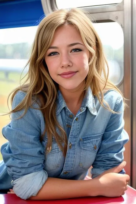 A beautiful 4vr1ll woman,1girl,solo,long hair,smile,blue eyes,blonde hair,jewelry,sitting,jacket,teeth,pants,necklace,grin,ring,denim,zipper,jeans,realistic,denim jacket,soft lighting, professional Photography, Photorealistic, detailed, RAW, analog, sharp focus, 8k, HD, high quality, masterpiece<lora:4vr1ll:1.0>