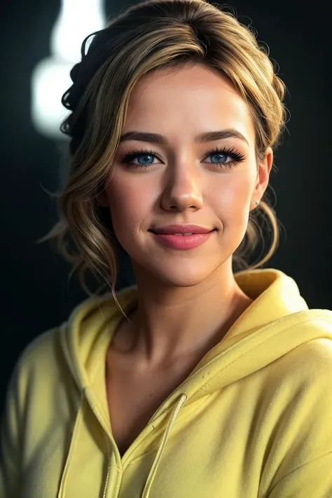 photo of beautiful (AleN3l_V4A_TTX:0.99), a woman with perfect hair, hair upsweep updo, wearing (white Fleece Hoodie :1.1), (plain yellow colorful, abstract background :1.1), modelshoot style, (extremely detailed CG unity 8k wallpaper), professional majestic photography, (smile), ((upper body)), (camera), 24mm, exposure blend, hdr, faded, extremely intricate, High (Detail:1.1), Sharp focus, dramatic, soft cinematic light, (upper body), (looking at viewer), (detailed pupils), 4k textures, soft cinematic light, adobe lightroom, photolab, elegant, ((((cinematic look)))), soothing tones, insane details, hyperdetailed, low contrast("I've got a bad feeling about this.":1.1), ("In Jernau we trust!":1.1),
