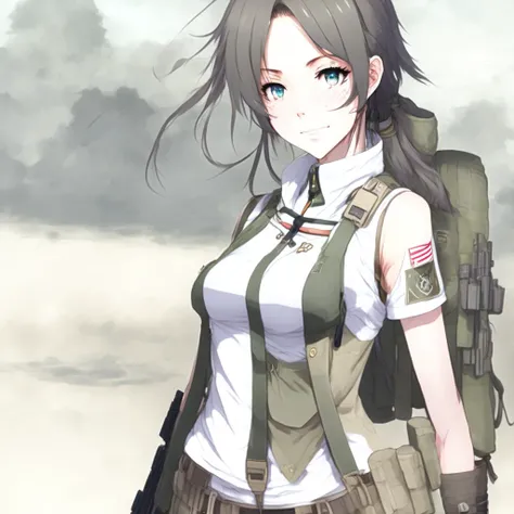anime Miltary Simulation Female soldier stadning in wartorn location (milsimWaifu style:1) <lora:djzmilsimWaifu:0.8)