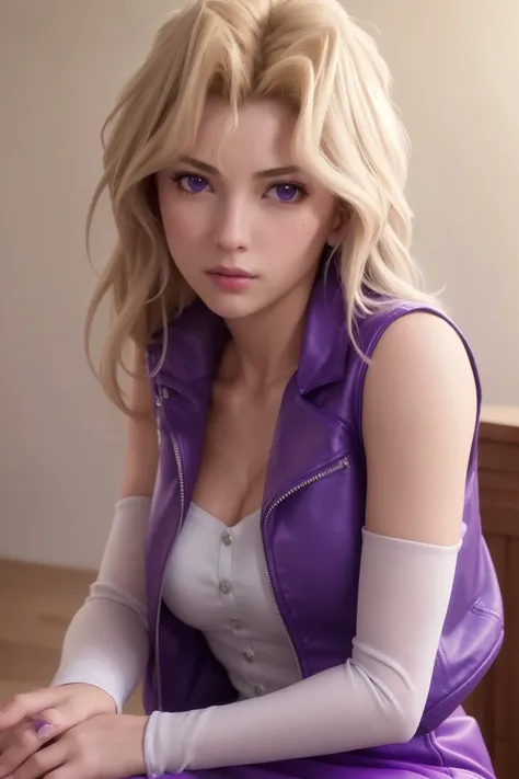 masterpiece, best quality, ultra high res, (photorealistic:1.8), unreal_engine, photograph, realistic_skin_texture, <lora:yugioh_valentine-10:1>, upper body, 1girl, solo, mai valentine, blonde hair, purple eyes, serious, closed mouth, looking at viewer, sitting, crossed legs, purple sleeveless jacket, detached sleeves, purple skirt