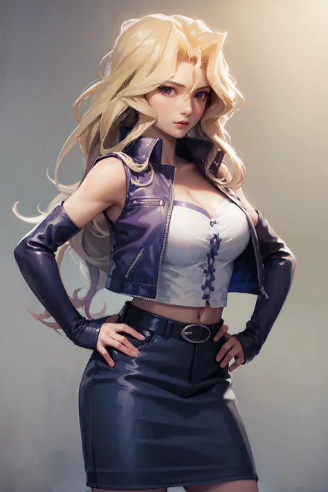 (masterpiece, best quality:1.2), <lora:yugioh_valentine-10:1>, cowboy shot, solo, 1girl, mai valentine, serious, closed mouth, looking at viewer, hand on hip, sleeveless jacket, detached sleeves, skirt