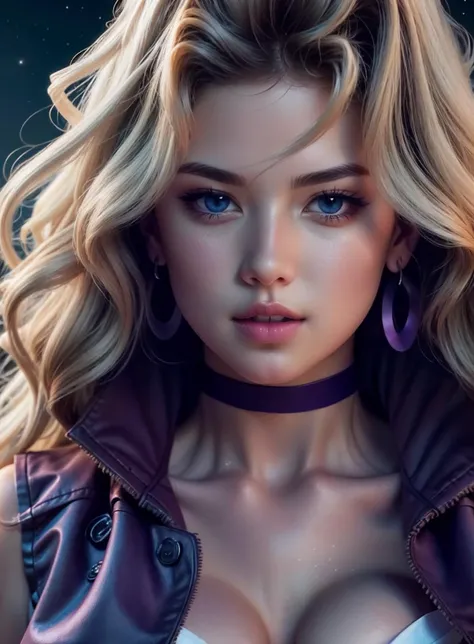 mai valentine in purple sleeveless jacket, detached sleeves, purple skirt, earrings, (choker), long blonde hair, yellow eyes, (:0.9), cleavage raph by artgerm and (greg rutkowski:0.4), medium full shot, sexy pose, (cinemc:0.4) lighting, raw photo, photorealistic, highly detailed, night scene, dark