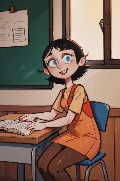 Ms Keane,short black hair, blue eyes,short sleeves, brown leggings, orange dress, vest, looking at viewer, smiling, happy, teeth, sitting, on desk, inside classroom, high quality, masterpiece, <lora:Keane:.7>