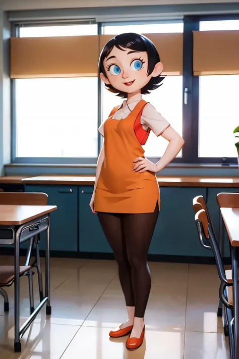 Ms Keane,short black hair, blue eyes,short sleeves, brown leggings, orange dress, red vest, red flats, looking at viewer, smiling, full body shot, standing, inside classroom, high quality, masterpiece, <lora:Keane:.6>