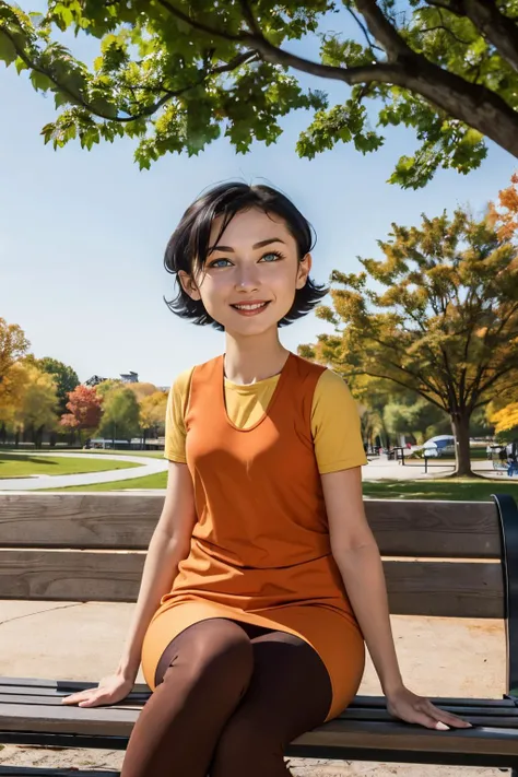 Ms Keane,short black hair, blue eyes,orange dress, red vest, brown leggings, short sleeves, looking at viewer, serious, smiling, sitting, on bench, outside, park, trees, winter, blue sky, high quality, masterpiece, <lora:Keane:.8>