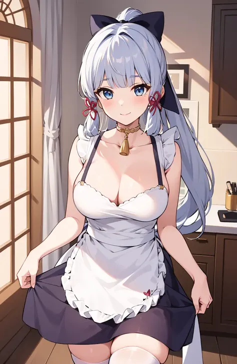 (masterpiece, best quality, ultra-detailed, illustration),genshin impact, kamisato, 1girl,solo,hair bow,hair ribbon,cowboy shot,ponytail, blunt bangs,blue eyes, smile, closed mouth, eyebrows visible through hair, long hair, silver hair, looking at viewer, indoors,breasts, cleavage,large breasts,apron,naked apron,thighhighs