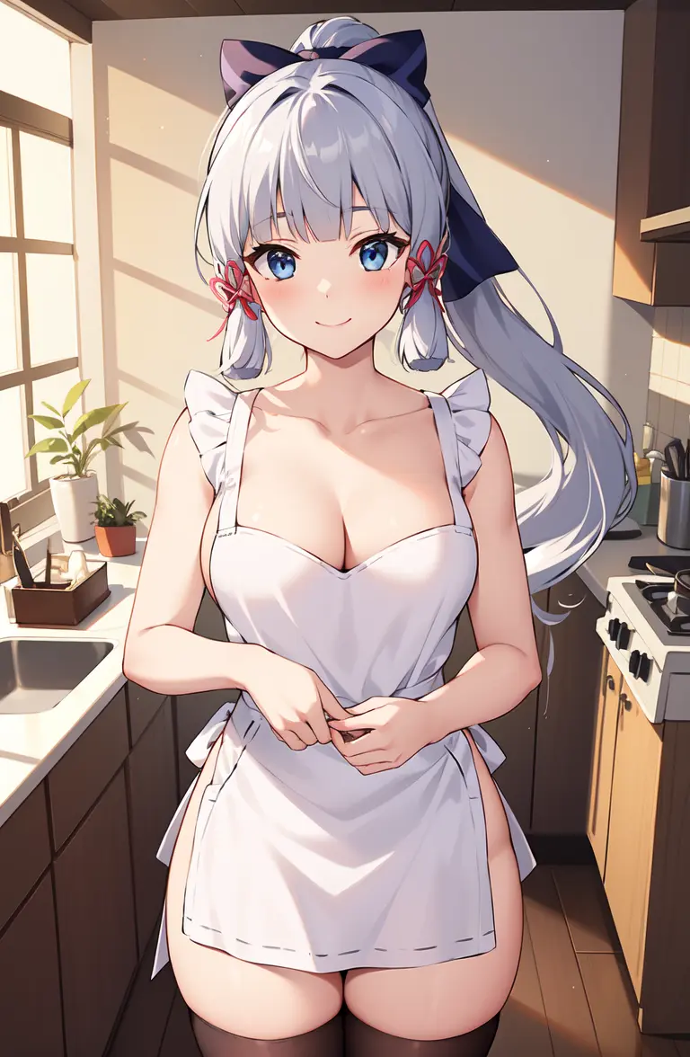 (masterpiece, best quality, ultra-detailed, illustration),genshin impact, kamisato, 1girl,solo,hair bow,hair ribbon,cowboy shot,ponytail, blunt bangs,blue eyes, smile, closed mouth, eyebrows visible through hair, long hair, silver hair, looking at viewer, indoors,breasts, cleavage,medium breasts,apron,naked apron,thighhighs