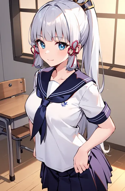 (masterpiece, best quality, ultra-detailed, illustration),genshin impact, kamisato, 1girl,solo,ayaka hair ornament,cowboy shot,ponytail, blunt bangs,blue eyes, smile, closed mouth, eyebrows visible through hair, long hair, silver hair, looking at viewer, indoors,medium breasts,school uniform, serafuku, sailor collar, pleated skirt,