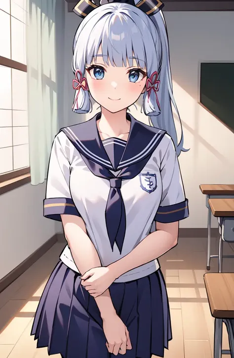 (masterpiece, best quality, ultra-detailed, illustration),genshin impact, kamisato, 1girl,solo,ayaka hair ornament,cowboy shot,ponytail, blunt bangs,blue eyes, smile, closed mouth, eyebrows visible through hair, long hair, silver hair, looking at viewer, indoors,medium breasts,school uniform, serafuku, sailor collar, pleated skirt,