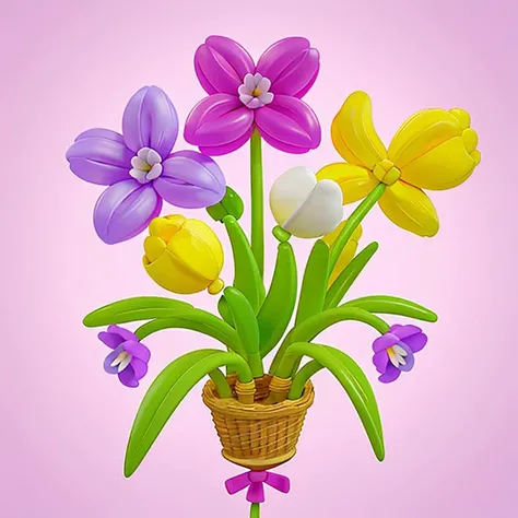 no humans, flower, yellow background, simple background, still life, food focus, pink flower, (Balloon flowers:1.3), leaf, tulip, <lora:flower_20230708130319:0.8>