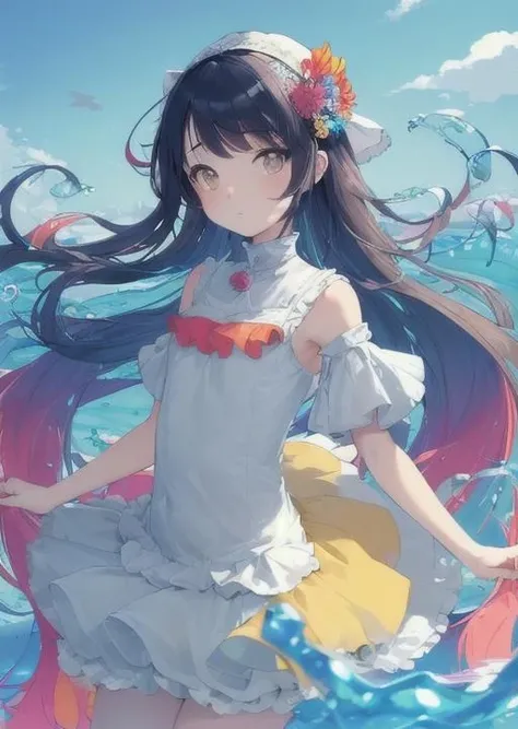 (masterpiece, best quality:1.3), (flat color:1.3),(colorful:1.3),looking at viewer,1girl,solo,floating colorful water,(2D:1.3)
