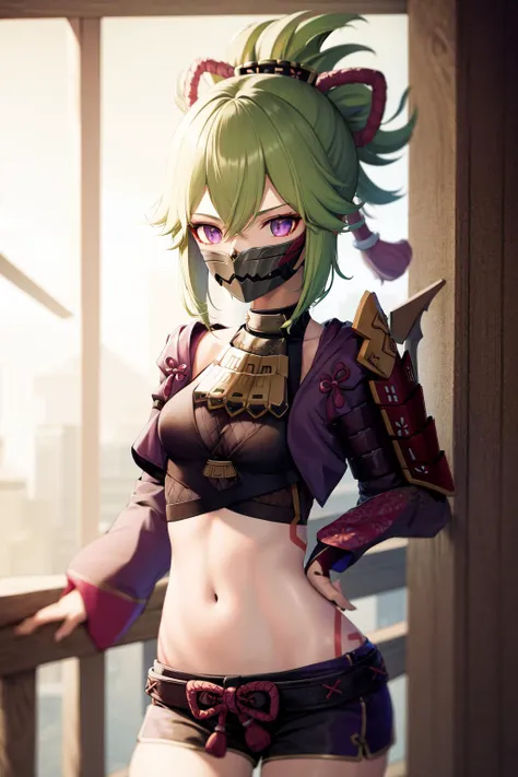 masterpiece, best quality, highres, 1girl kuki shinobu, crop top shorts open jacket, armor shoulder armor leg armor, mask <lora:kuki_shinobu:1>