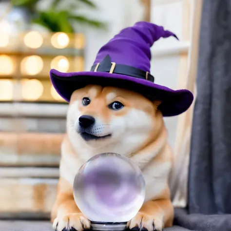 full color photo of mntydge, doge, wearing a witch hat, lying behind a crystal ball, purple clouds inside crystal ball, <lora:add_detail:-0.3>, <lora:Mntydge_10step_5epochgrk:0.85>