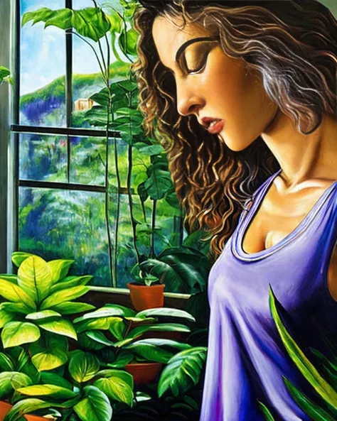 masterpiece, best quality,
oil paint by jean leon, a beautiful brunet woman in a purple loose tank top standing peacefully in a big open home with big windows, hard morning lighting, house with beautiful plants and scenery, and a tiger and waterfall.