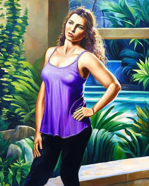 masterpiece, best quality,
oil paint by jean leon, a beautiful brunet woman in a purple loose tank top standing peacefully in a big open home with big windows, hard morning lighting, house with beautiful plants and scenery, and a tiger and waterfall.