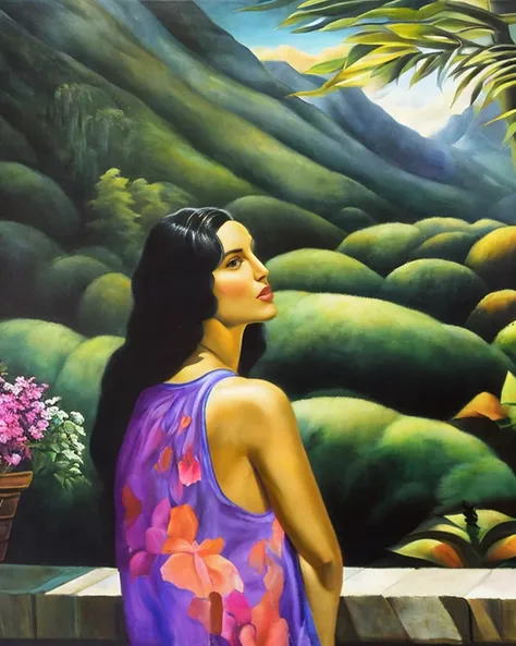 masterpiece, best quality,
oil paint by jean leon, a beautiful brunet woman in a purple loose tank top standing peacefully in a big open home with big windows, hard morning lighting, house with beautiful plants and scenery, and a tiger and waterfall.