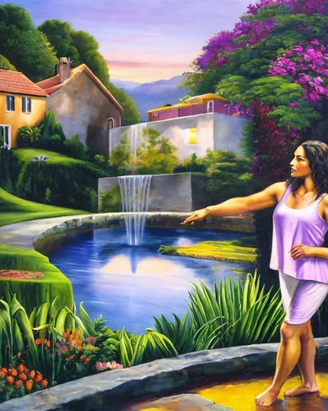 masterpiece, best quality,
oil paint by jean leon, a beautiful brunet woman in a purple loose tank top standing peacefully in a big open home with big windows, hard morning lighting, house with beautiful plants and scenery, and a tiger and waterfall.