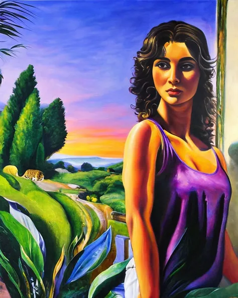 masterpiece, best quality,
oil paint by jean leon, a beautiful brunet woman in a purple loose tank top standing peacefully in a big open home with big windows, hard morning lighting, house with beautiful plants and scenery, and a tiger and waterfall.