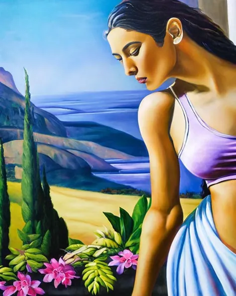 masterpiece, best quality,
oil paint by jean leon, a beautiful brunet woman in a purple loose tank top standing peacefully in a big open home with big windows, hard morning lighting, house with beautiful plants and scenery, and a tiger and waterfall.
