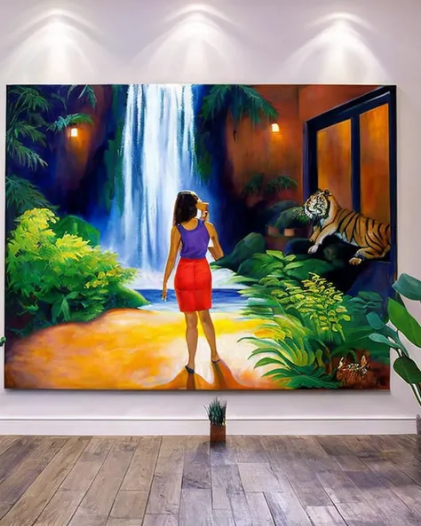 masterpiece, best quality,
oil paint by jean leon, a beautiful brunet woman in a purple loose tank top standing peacefully in a big open home with big windows, hard morning lighting, house with beautiful plants and scenery, and a tiger and waterfall.
