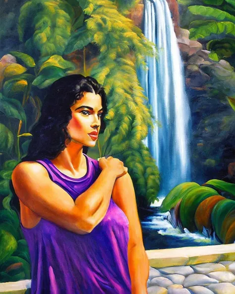 masterpiece, best quality,
oil paint by jean leon, a beautiful brunet woman in a purple loose tank top standing peacefully in a big open home with big windows, hard morning lighting, house with beautiful plants and scenery, and a tiger and waterfall.