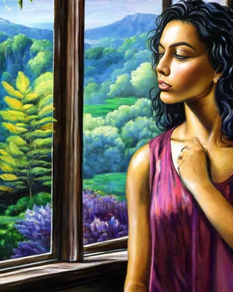 masterpiece, best quality,
oil paint by jean leon, a beautiful brunet woman in a purple loose tank top standing peacefully in a big open home with big windows, hard morning lighting, house with beautiful plants and scenery, and a tiger and waterfall.