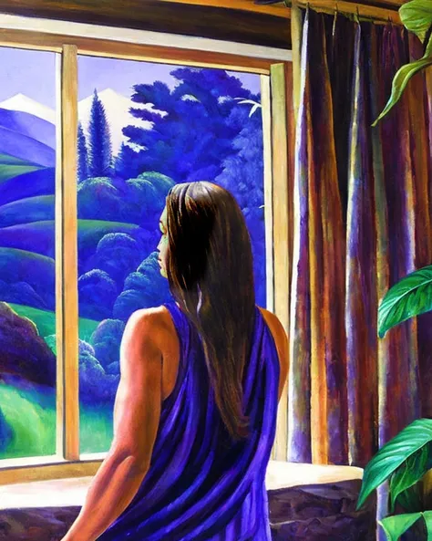 masterpiece, best quality,
oil paint by jean leon, a beautiful brunet woman in a purple loose tank top standing peacefully in a big open home with big windows, hard morning lighting, house with beautiful plants and scenery, and a tiger and waterfall.