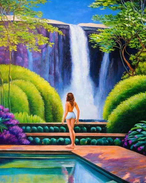 masterpiece, best quality,
oil paint by jean leon, a beautiful brunet woman in a purple loose tank top standing peacefully in a big open home with big windows, hard morning lighting, house with beautiful plants and scenery, and a tiger and waterfall.