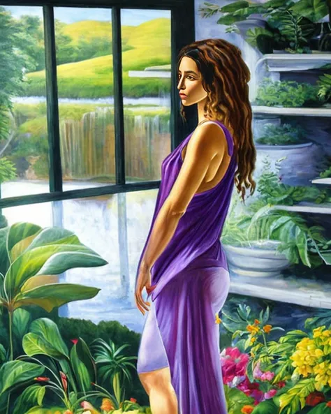 masterpiece, best quality,
oil paint by jean leon, a beautiful brunet woman in a purple loose tank top standing peacefully in a big open home with big windows, hard morning lighting, house with beautiful plants and scenery, and a tiger and waterfall.