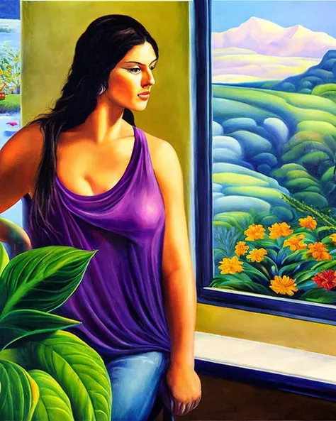 masterpiece, best quality,
oil paint by jean leon, a beautiful brunet woman in a purple loose tank top standing peacefully in a big open home with big windows, hard morning lighting, house with beautiful plants and scenery, and a tiger and waterfall.