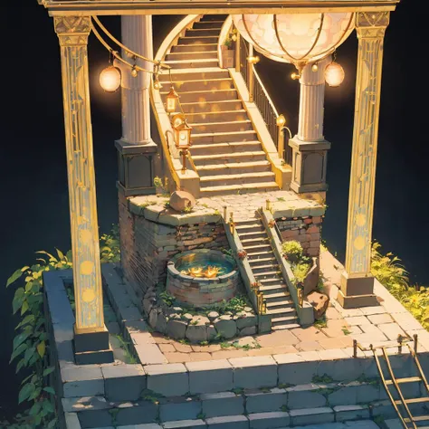 (((Nobody:1.2))),round platform altar,there's a ladder,(masterpiece, highres, best quality, ultra detailed, detailed background, cinematic lighting:1.2),(beautiful detailed face, detailled eyes),rocks,stones,still life,black background,grass,steps,stairs,(((top view:1.2))),