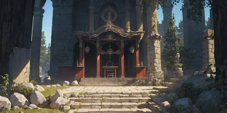 (((Nobody:1.2))),round platform altar,there's a ladder,(masterpiece, highres, best quality, ultra detailed, detailed background, cinematic lighting:1.2),(beautiful detailed face, detailled eyes),rocks,stones,still life,black background,grass,steps,stairs,the ancient castle,
