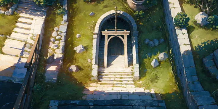 (((Nobody:1.2))),round platform altar,there's a ladder,(masterpiece, highres, best quality, ultra detailed, detailed background, cinematic lighting:1.2),(beautiful detailed face, detailled eyes),rocks,stones,still life,black background,grass,steps,stairs,(((top view:1.2))),
