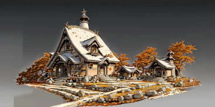 (((Nobody:1.2))),round platform altar,there's a ladder,(masterpiece, highres, best quality, ultra detailed, detailed background, cinematic lighting:1.2),(beautiful detailed face, detailled eyes),rocks,stones,still life,black background,grass,steps,stairs,the ancient castle,(autumn maple forest:1.3),(very few fallen leaves),(path),wide_shot,landscape,