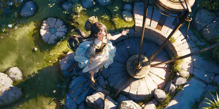 (((Nobody:1.2))),round platform altar,there's a ladder,(masterpiece, highres, best quality, ultra detailed, detailed background, cinematic lighting:1.2),(beautiful detailed face, detailled eyes),rocks,stones,still life,black background,grass,steps,stairs,(((top view:1.2))),