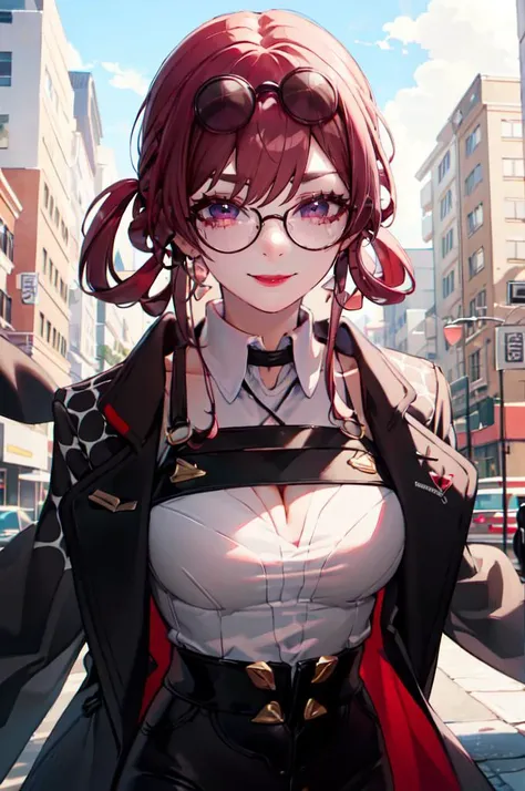 <lora:KafkaOutfit:0.9> KafkaOutfit, jacket, eyewear on head,, ultra detailed, masterpiece, best quality, aesthetic, detailed,, solo, seductive smile, red lips,
1girl, purple eyes, red hair, blunt bangs, medium breasts, <lora:hair_rings:1> low hair rings, <lora:EllaNyan:1>,