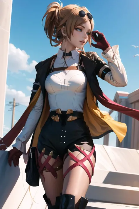Highly detailed, High Quality, Masterpiece, beautiful, 1girl, KafkaOutfit, <lora:KafkaOutfit:1>, solo, Rikku, <lora:Char_FFX_Rikku:0.7>, jacket,