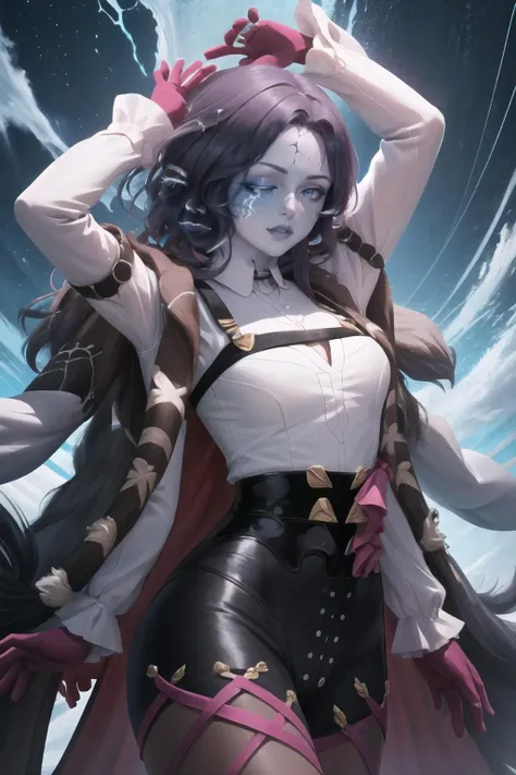 Highly detailed, High Quality, Masterpiece, beautiful, 1girl, KafkaOutfit, <lora:KafkaOutfit:0.4>, solo, Ranni, wavy hair, (blue skin, cracked skin:1.3), extra arms, dress, <lora:Char_EldenRing_Ranni:0.9>, one eye closed, ExtraFacesRanni, <lora:Looks_ExtraFaces:1>