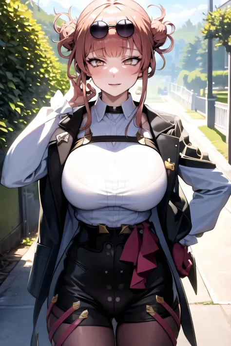 masterpiece, best quality, detailed, 1girl, himikotoga, (hands on waist), KafkaOutfit, eyewear on head, outdoors, nsfw <lora:KafkaOutfit:1> <lora:himikotogav3-10:0.8>