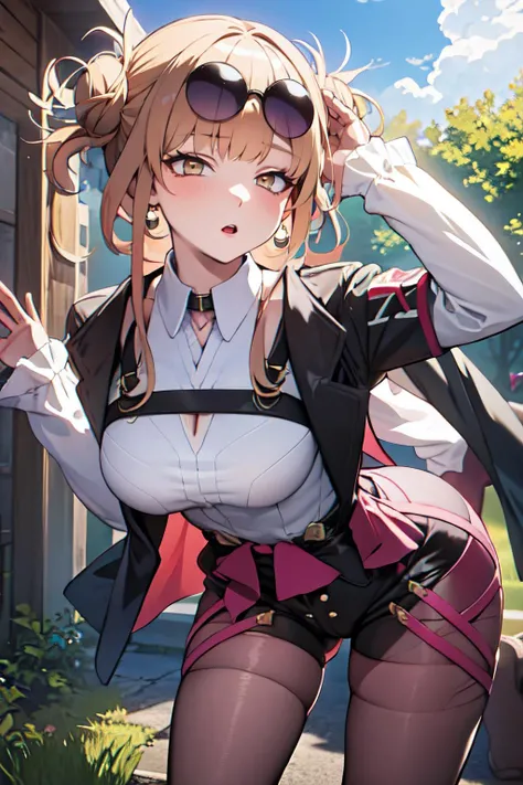 masterpiece, best quality, detailed, 1girl, himikotoga, hands on waist, KafkaOutfit, eyewear on head, outdoors, nsfw <lora:KafkaOutfit:1> <lora:himikotogav3-10:0.8>