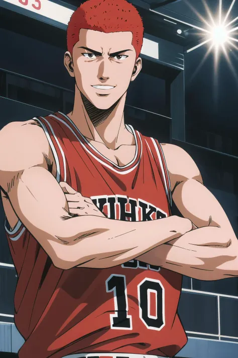 masterpiece,best quality,highres,<lora:Sakuragi Hanamichi1:0.6>,Sakuragi Hanamichi1,1boy,solo,red hair,basketball uniform,upper body,basketball court,light smile,