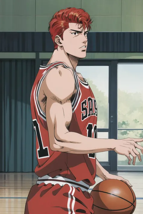 masterpiece,best quality,highres,<lora:Sakuragi Hanamichi1:0.6>,Sakuragi Hanamichi1,1boy,solo,red hair,basketball uniform,cowboy shot,basketball court,indoors,from side,