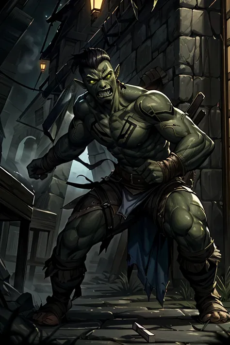 1boy, A male orc brawler that is ready to rumble (Disconnected undercut hair), dark-orange-lean-body with blue-tribal-tattoos, a gothic town shrouded in fog background, BREAK cinematic, best quality, detailed background, depth of field, intricate details, dynamic pose, dynamic angle, sharp focus, soft lighting, vibrant colors, cinematic photography, <lora:PathfinderKM:0.5> Pathfinder <lora:RPGOrc:0.81> <lora:AdvancedEnhancer:0.8> <lora:SDXLrender_v2.0:1>, (Role-playing game (RPG) style fantasy :1.3), Fantasy, epic, heroic, character-focused, RPG style fantasy