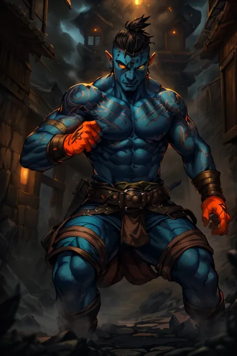 1boy, A male orc brawler that is ready to rumble (Disconnected undercut hair), dark-orange-lean-body with blue-tribal-tattoos, a gothic town shrouded in fog background, cinematic, best quality, detailed background, depth of field, intricate details, dynamic pose, dynamic angle, sharp focus, soft lighting, vibrant colors, cinematic photography, <lora:PathfinderKM:0.5> Pathfinder <lora:RPGOrc:0.351> <lora:Concept - Fire Monk_v2:0.78> f1remonk, burn1ngf1st, (Role-playing game (RPG) style fantasy :1.3), Fantasy, epic, heroic, character-focused, RPG style fantasy