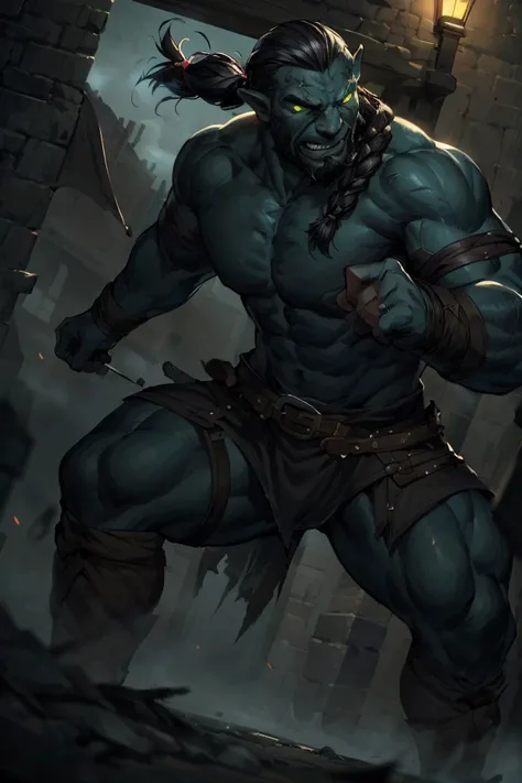 1boy, A male orc brawler that is ready to rumble (Viking Beard Braid), thick body, a gothic town shrouded in fog background, cinematic, best quality, detailed background, depth of field, intricate details, dynamic pose, dynamic angle, sharp focus, soft lighting, vibrant colors, cinematic photography, <lora:PathfinderKM:0.5> Pathfinder <lora:RPGOrc:0.351>, (Role-playing game (RPG) style fantasy :1.3), Fantasy, epic, heroic, character-focused, RPG style fantasy